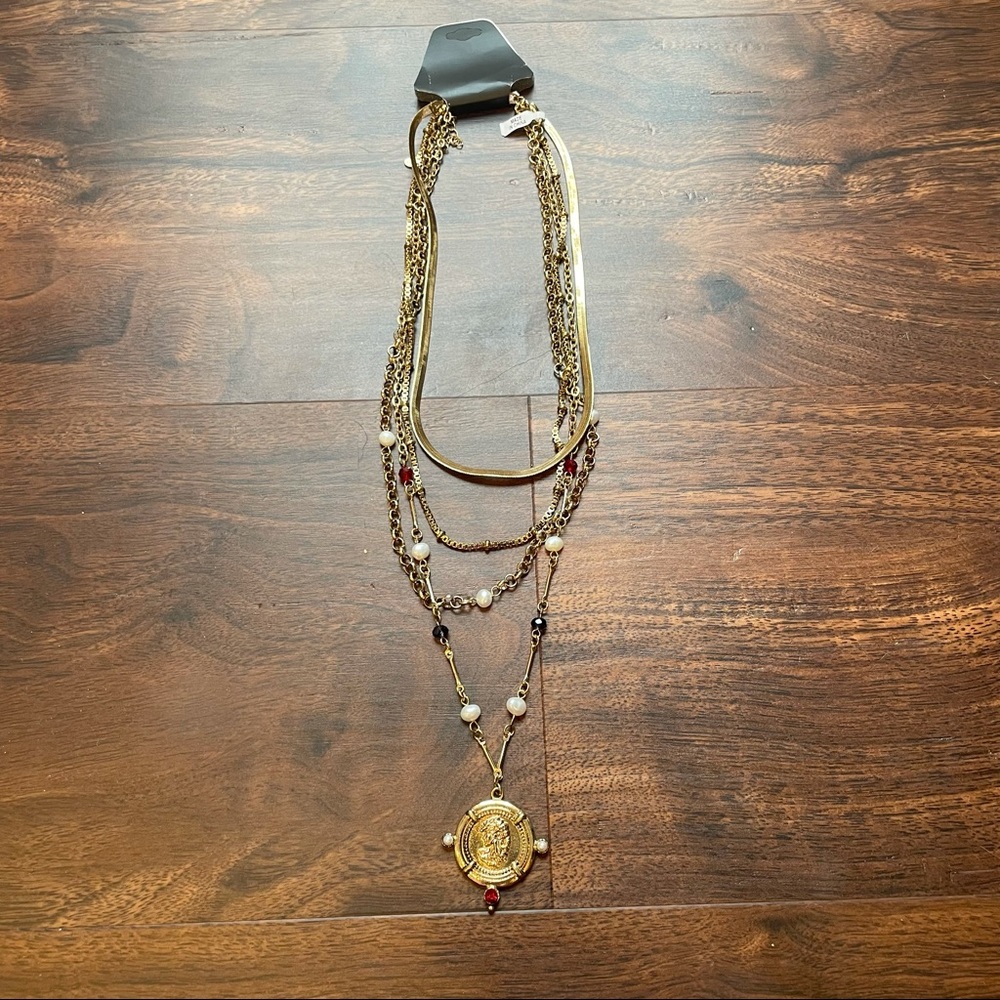 Free People Gold and Red Layered Necklace